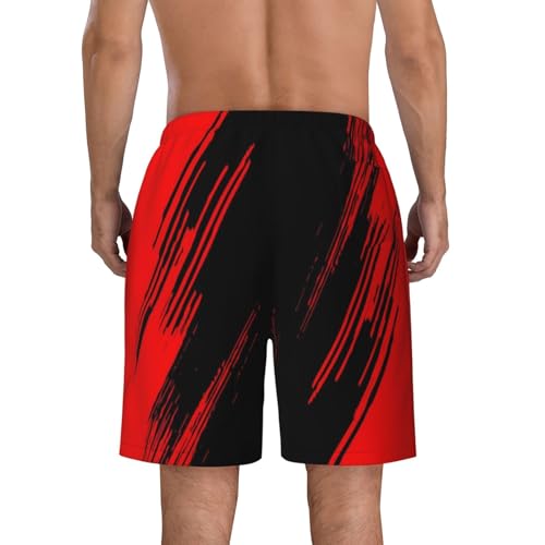 Men's Red Black Medium Swim Trunks with Mesh Lining, Quick-Dry Beach Shorts