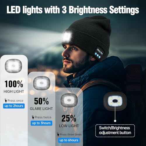 MUSIC LED Beanie Hat with Bluetooth, Rechargeable Hat with 3-Mode Headlamp & Hands-Free Calling,Warm Knit Cap for Men and Women, Ideal for Outdoor Night Activities Black