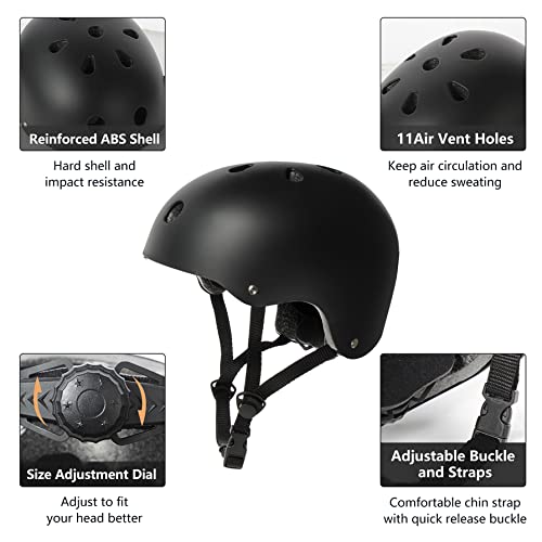 Tourdarson Skateboard Helmet - Impact-Resistant, 11 Venting Holes, Medium (Black)