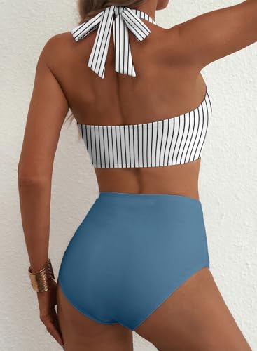 Herseas Women's High-Waisted 2-Piece Stripe Bikini Set - X-Large Dusty Blue