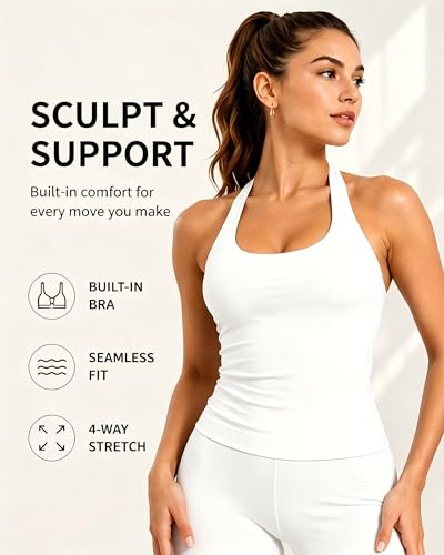 Women's Impact Halter Tank Top with Built-in Bra Backless Workout Shirt - Medium White