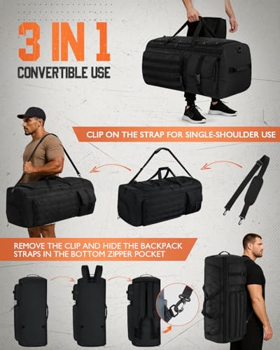 Gonex 90L Large Convertible Duffel Bag - Black Travel Sports Duffle