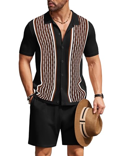 Men's 2 Piece Short Sleeve Polo Shirt and Beach Shorts Set - Black & Brown, Medium