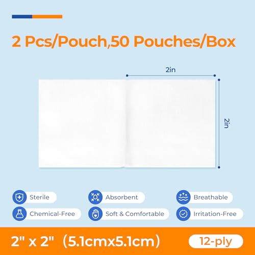 50 Pack 2x2 Inch Sterile Cotton Gauze Pads - Highly Absorbent Wound Dressings