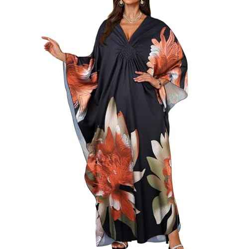 Kaftan Dresses for Women V Neck Caftans Long Batwing Sleeve Beach Cover Ups Summer Floral Print Dress