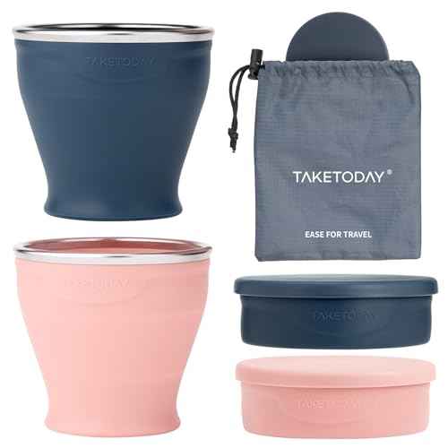 TakeToday 2PCS Collapsible Travel Cup - Silicone Foldable Water Cup, BPA-Free with Lid & Waterproof Bag - Drinking Cup Set for Camping, Outdoors & International Travel£¨8 Oz, Navy & Lowcountry Peach£©