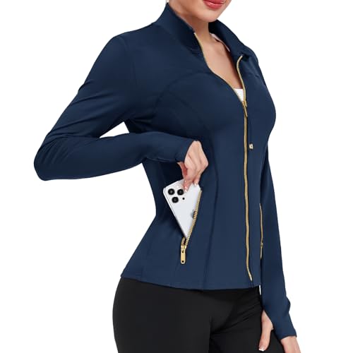 Women's Lightweight Zip Workout Jackets - Medium Dark Blue Gold Zip