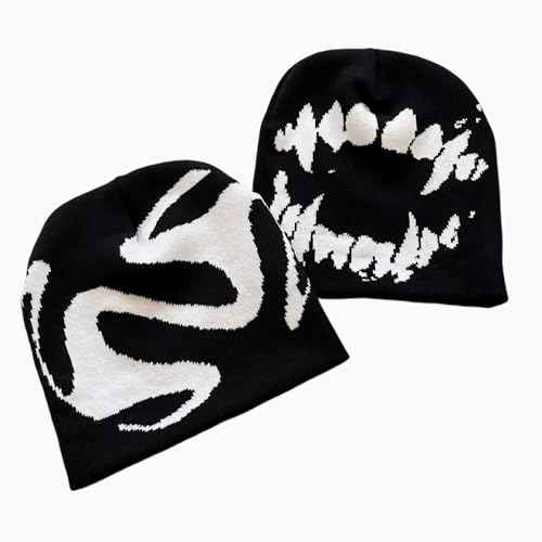 Black Graphic Beanie for Men Women, Streetwear y2k Knitted Hat, Slouchy Goth Skull Cap (2 pcs)