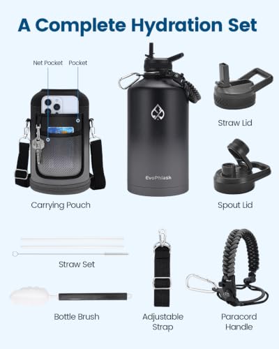 128oz Insulated Water Bottle with Carrier Bag - Black & Gray, Double-Walled