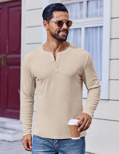Men's Henley Shirt Long Sleeve Casual T-Shirt - Large Light Khaki