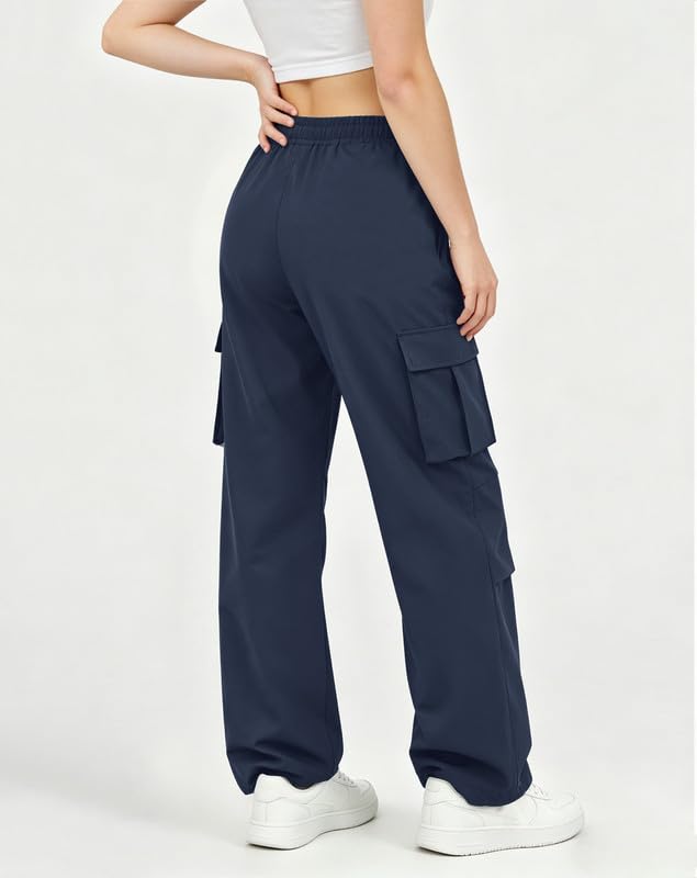 Women's Cargo Pants High Waisted Baggy Parachute Hiking Pants - Medium Navy Blue