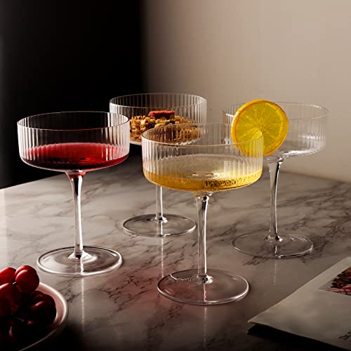 6 Pack Ribbed Coupe Cocktail Glasses - 10 oz Classic Martini Set with Gift Box