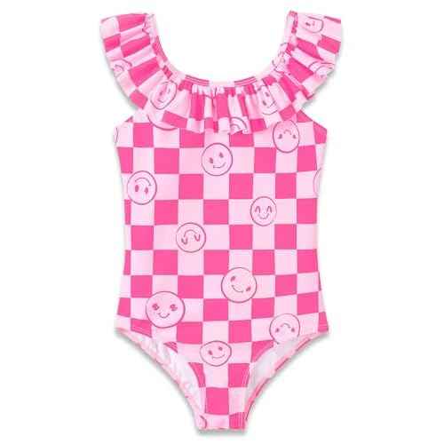 Girls One Piece Swimsuit - Adjustable Strap, Checked Face & Mermaid Print Toddler Ruffle Bathing Suit Size 2T-10