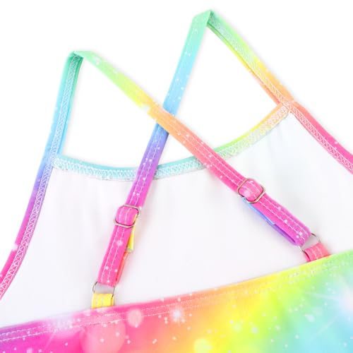 Kids Girls One Piece Swimsuit with Ruffles & Adjustable Straps - Rainbow Ruffles, 7-8 Years