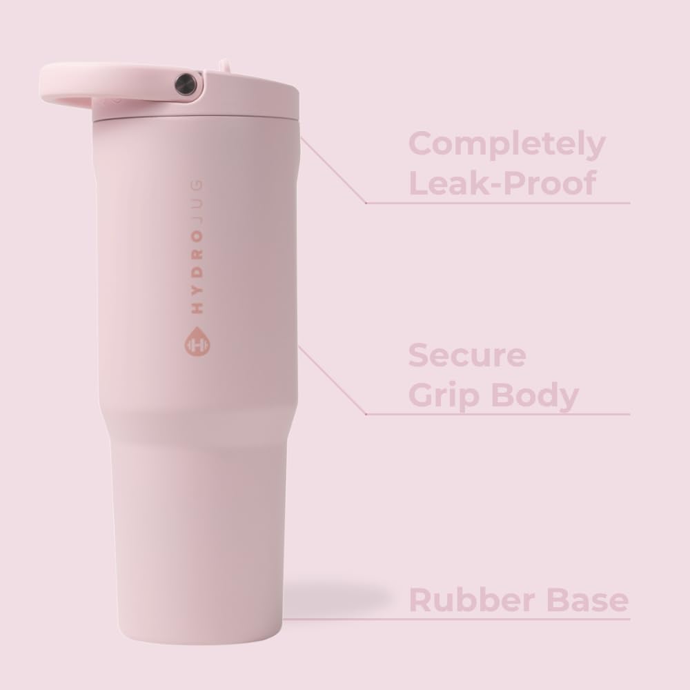 HydroJug Sport - Stainless Steel Tumbler with Straw, Vacuum Insulated, 32oz Leakproof Water Bottle, Ergonomic Design, Reusable, Dishwasher Safe, Rubber Base, Durable for Gym or Outdoors, Pink Sand