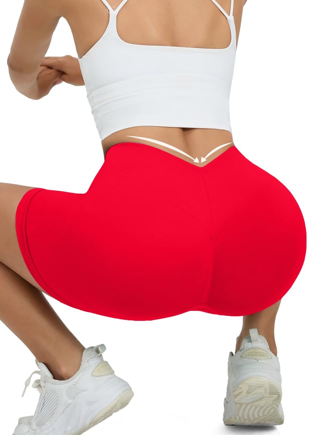 Women Workout Shorts V Back Scrunch Gym Yoga Biker Shorts Large Red