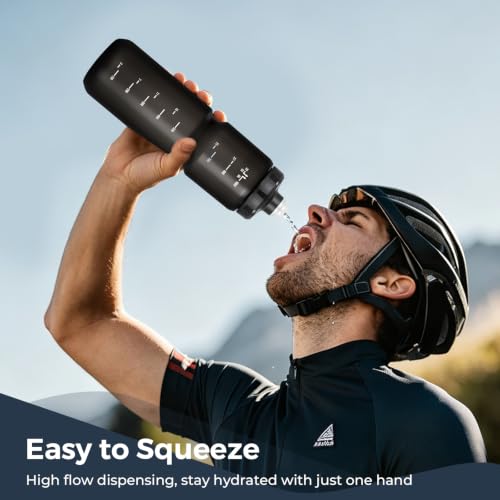2 Pack 32oz Bike Water Bottles BPA-Free Reusable Sports Hydration Bottles - Black White & Black, 1L