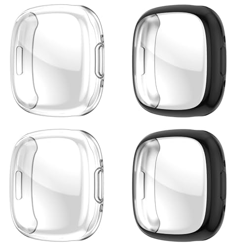 Anti-Scratch TPU Screen Protector Case for Fitbit Versa 4 & Sense 2 - Black & Clear 1.58 Inch