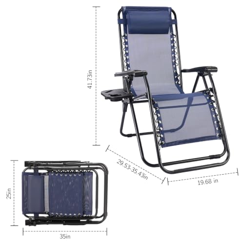Sweetcrispy Zero Gravity Chairs Set of 2 - Classic Blue Folding Lounge Chairs with Cup Holder & Adjustable Pillow
