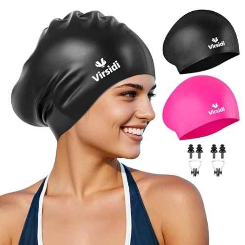 2 Pack Swim Cap for Women Men Adult, Silicone Swimming Caps for Short Long Hair, Waterproof Swim Hats Bathing Caps to Keep Hair Dry with Nose Clip and Earplugs