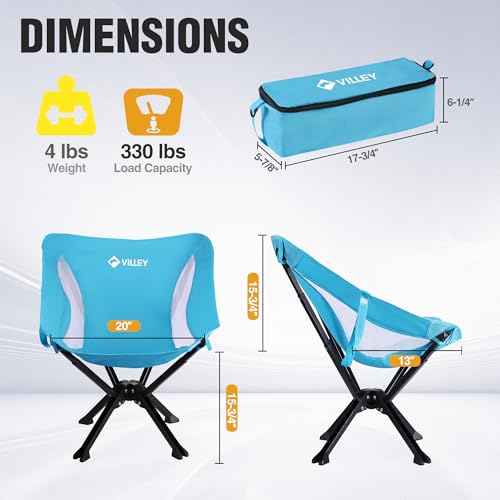 VILLEY Portable Folding Chair Lightweight Camping Chair No Assembly Needed, Quick Setup for Beach, Hiking, Supports 330 LBS, Blue, 2-Pack