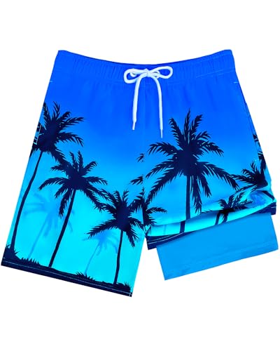 Boys Swim Trunks with Compression Liner Quick Dry Beach Swimwear - Blue Coconut Tree 10-12 Years