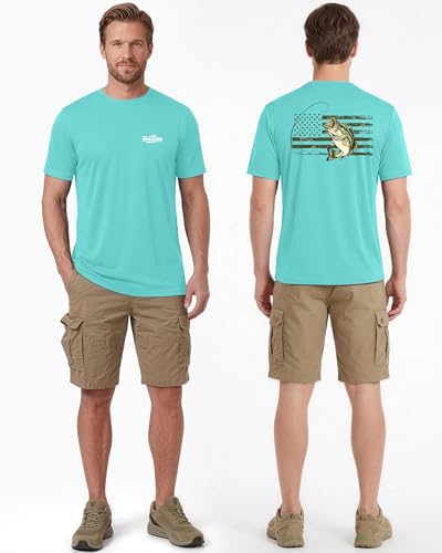 Men's Short Sleeve Fishing Shirt UPF 50+ UV Sun Protection Quick Dry Graphic Tee - Aqua Blue Camouflage Bass, Large
