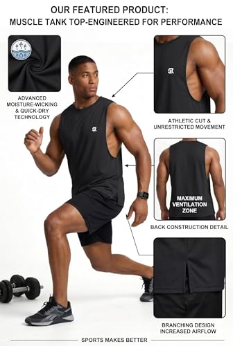 Men's Workout Tank Top Gym Bodybuilding Sleeveless Shirt - Medium Black