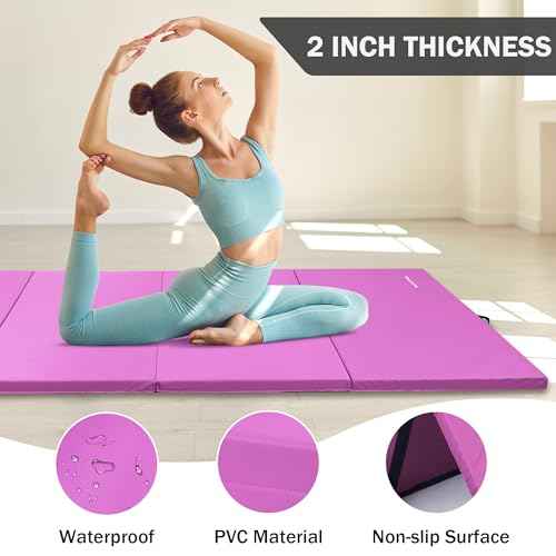 Fitvids Folding Exercise Gymnastics Mat, 4'x8'x2" Gym Workout Mat with Carrying Handles 4-Fold High-Density Anti-Tear Portable Fitness Aerobics Mat for Home Gym Yoga Pilates Tumbling MMA Core Training