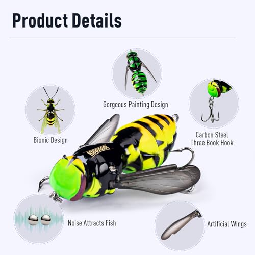 KINGDOM Wasp Fishing Lure Set - Topwater Hard Insect Bait for Bass Pike, 1.57in/0.14oz