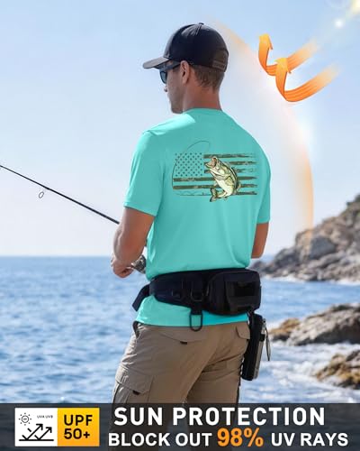Men's Short Sleeve Fishing Shirt UPF 50+ UV Sun Protection Quick Dry Graphic Tee - Aqua Blue Camouflage Bass, Large