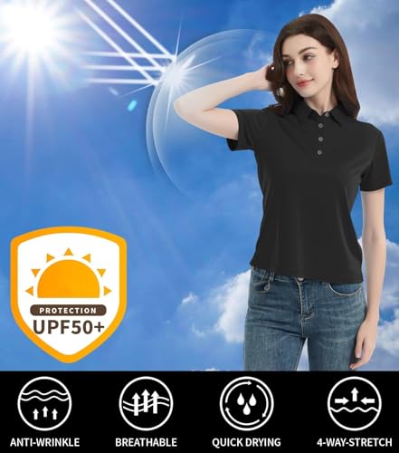 Women's Polo Shirts UPF 50+ Quick Dry Short Sleeve Collared Golf Shirt Medium Black
