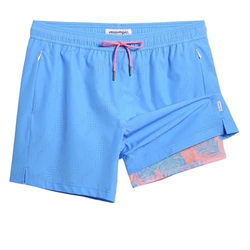 Men's Swim Trunks 5" Compression Liner Quick Dry Beach Shorts - Large Blue Pink Leaves