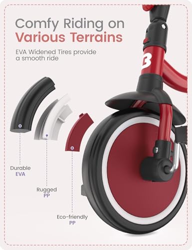 Toddler Tricycle with Bell - 18 Months to 5 Years, Red Kids Bike, Foldable & Safe Ride