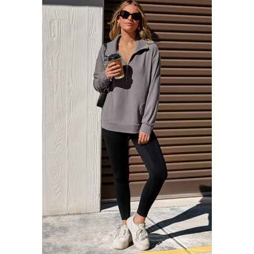 Dokotoo Womens Sweatshirt Waffle Knit Long Sleeve Lapel Half Zip Up Casual Lightweight Soft Sweatshirts Loose Pullover Tops