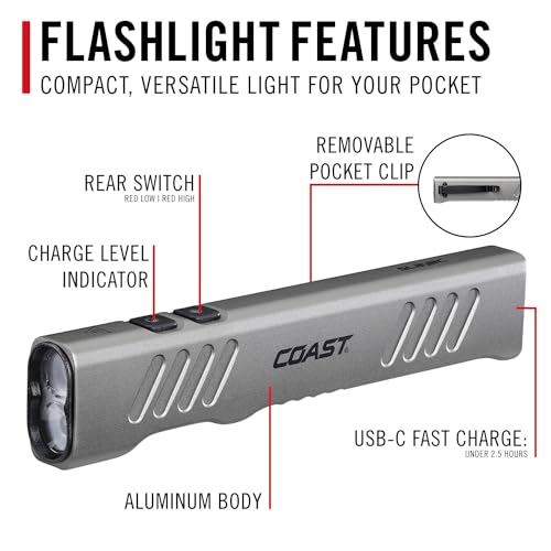 Coast Slayer RED 1000 Lumen USB-C Rechargeable LED Flashlight with Red Mode, Spot/Flood, Memory Mode and Pocket Clip