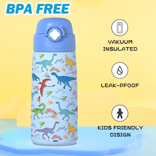 Kids Insulated Water Bottle with Pop-Up Straw 16oz Dinosaur Design - Blue