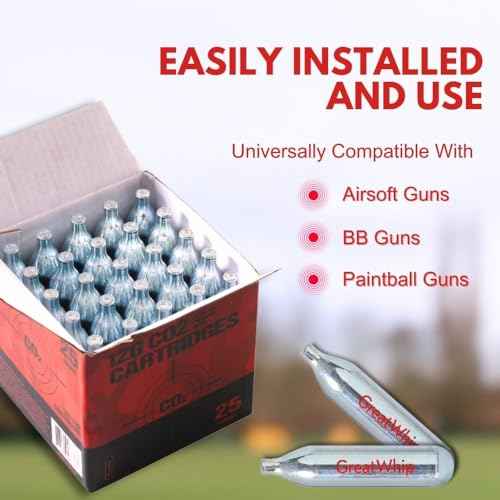GreatWhip 25 x 12g CO2 Cartridges Non-Threaded Compatible to CO2 BB Gun, Air Gun, Airsoft Gun, Air Pistol, Air Rifle (25 Count)