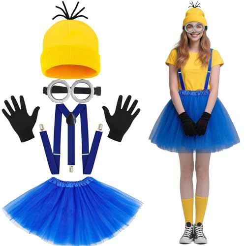 5 Pcs Halloween Costumes for Adult Women Girls Yellow Beanie Tutu Goggles Gloves Suspenders - Cosplay Party Dress Up Set