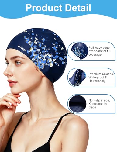 Silicone Swim Cap for Women Men - Floral Pattern, Comfortable Fit & Water-Resistant