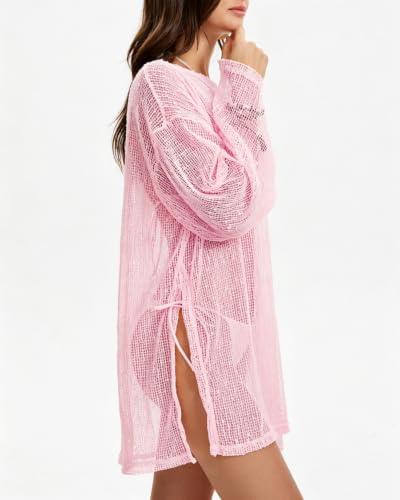 Pink Crochet Sheer Beach Coverup for Women with Sequin Details - Summer Slit Dress