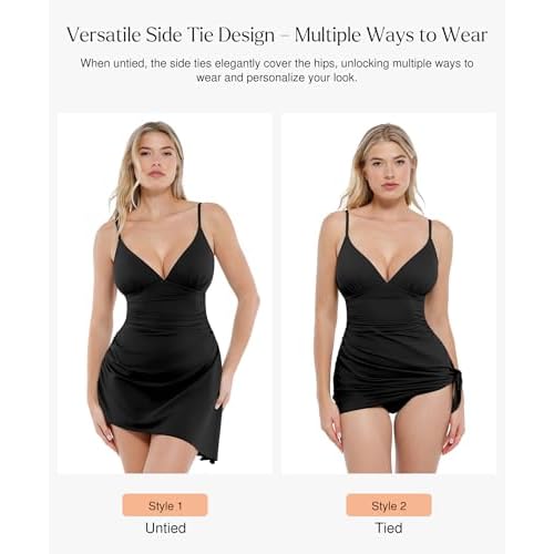 Popilush One Piece Swim Dress Tummy Control Swimsuits for Women Ruched Shapewear Split Bathing Suit