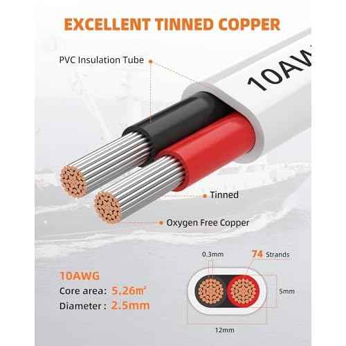 10 Gauge Marine Wire, 10/2 Duplex Marine Grade Cable, IP68 Waterproof/Oxygen-Free Tinned Copper Stranded PVC 10 AWG Wire for Boat, Automotive, RV, Solar, LED Strips (30FT)