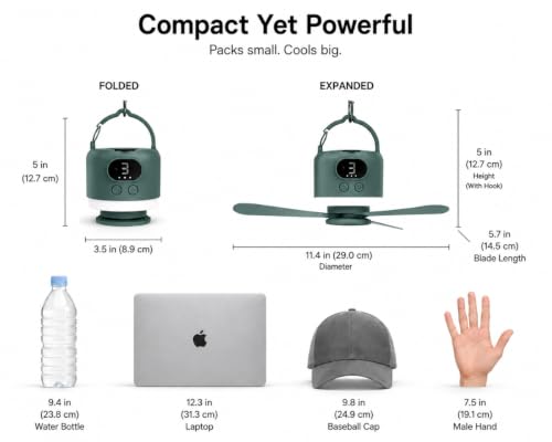 Dark Green Camping Tent Fan with Light - Rechargeable Hanging Fan with Remote, 11.4 Inches