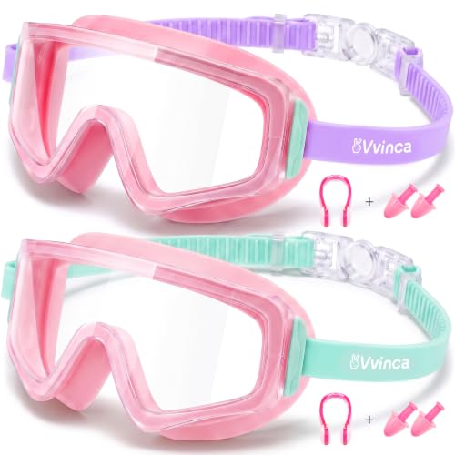 Kids Swim Goggles 2 Pack - Pink & Dark Pink Wide View, Anti-Fog & UV Protection