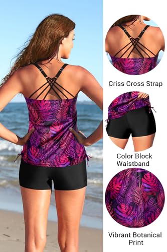 Women Two Piece Tankini Swimsuit with Tummy Control and Shorts - Purple Leaves, Large