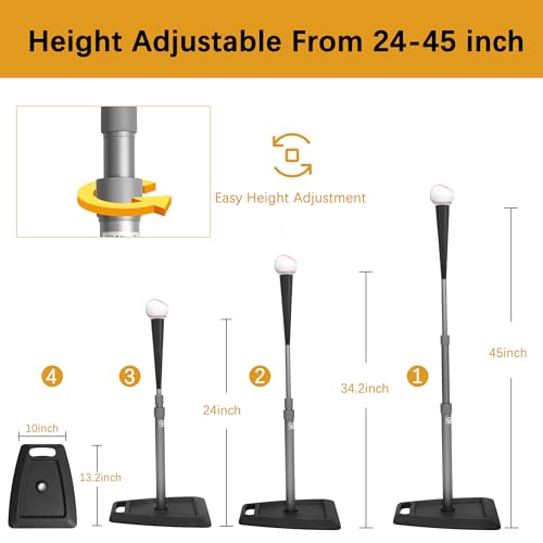 Black Adjustable Baseball Batting Tee for Kids & Adults - 24-45 Inch Telescopic Hitting Stand with Heavy Duty Metal Base
