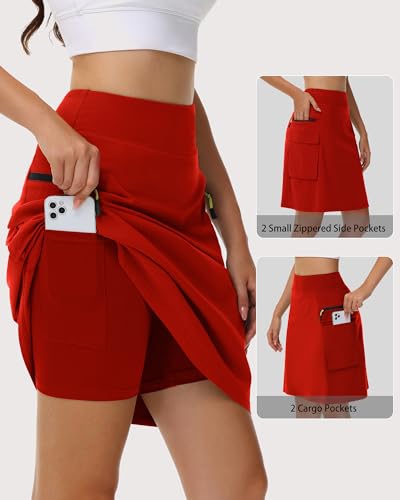 Women's Quick Dry Cargo Skirt with 5 Pockets - High Waist Golf Skirt, Red, Medium