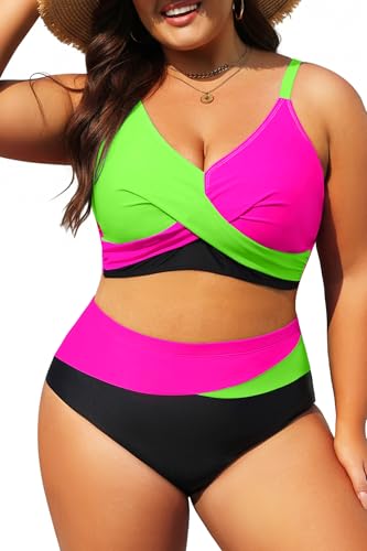 Plus Size High Waisted Bikini Set - Color Block Two-Piece Swimsuit, Green Pink Black 16