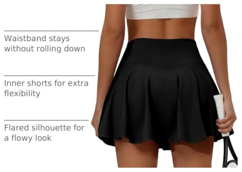 Women's Flared Athletic Skort High Waisted Tennis Skirt with Built-in Shorts Black